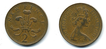 Великобритания 2 пенса 1971 Елизавета II (1952-2022) КМ 916, Spink 4235 (C1) бронза 4110-524