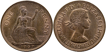 Великобритания 1 пенни 1967 Елизавета II (1952-2022) KM 897, Spink 4157 бронза UNC 41-421
