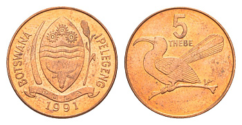 Ботсвана 5 тхебе 1991 Дамарская красноклювая птица-носорог KM 4a сталь плакированная медью UNC 39-1055