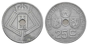 Бельгия 25 сантимов 1944 Belgie - Belgique, Леопольд III (1934-1947), германская оккупация, Вторая мировая война KM 132 цинк 4619-846