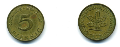 ФРГ 5 ПФЕННИГОВ 1972 G KM 107, J.382 сталь плакированная латунью 59-1414