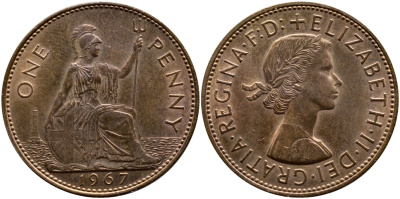 Великобритания 1 пенни 1967 Елизавета II (1952-2022) KM 897, Spink 4157 бронза UNC 41-421