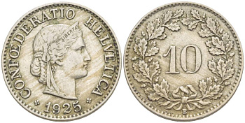 ШВЕЙЦАРИЯ 10 РАППЕНОВ 1925 В KM 27 медно-никель 216-413
