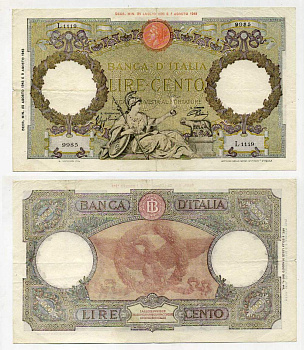 Италия 100 лир 1943 23 августа 1943 Pick 68, Grapanzano 221A  бумага   451-145-1