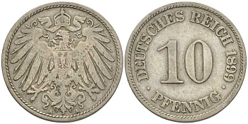 ГЕРМАНИЯ 10 ПФЕННИГОВ 1899 A KM 12, J. 13 медно-никель 4401-1054