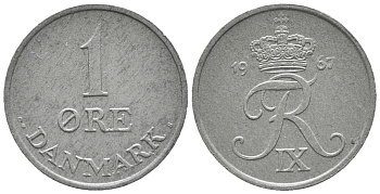 ДАНИЯ 1 ЭРЕ 1967 C; S, ФРЕДЕРИК IX (1947-1972) KM 839.2 цинк UNC 100-1135