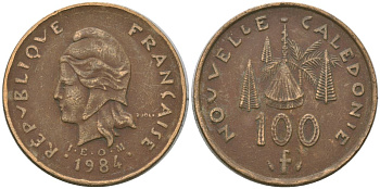 Французская Новая Каледония 100 франков 1984 хижина среди сосен и пальм, (IEOM) KM 15, Schoen 16, Lec 134 никель латунь 4137-733