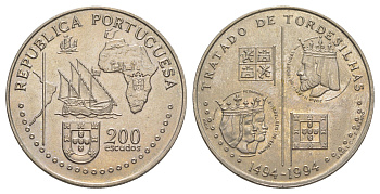 Португалия 200 эскудо 1994 500 лет с момента заключения Тордесильясского договора KM 671 медно-никель UNC 1101-4-61