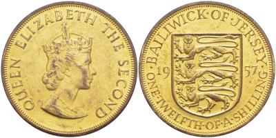 Джерси 1/12 шиллинга 1957 Елизавета II (1952-2022) KM 21 бронза 3996-321