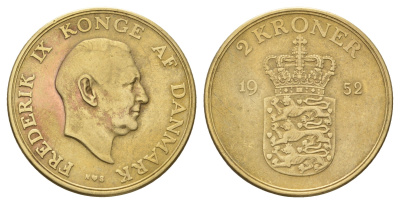 Дания 2 кроны 1952 N, Фредерик IX (1947-1972) KM 838 алюминиевая бронза 4683-146