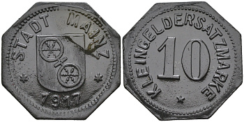 ГЕРМАНИЯ ГЕССЕН МАЙНЦ 10 ПФЕННИГОВ 1917 КЛЯЙНГЕЛЬД цинк 75-1626