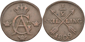 Швеция 1/2 скиллинга 1809 Густав VI (1792-1809) KM 565 (390) медь VF-XF 4545-1241