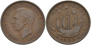 Великобритания 1/2 пенни 1937 Георг VI (1936-1952) KM 844, Spink 4115 бронза 4146-214