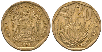 ЮАР 20 центов 1993 герб, цветок протея KM 136 сталь плакированная бронзой 4618-734