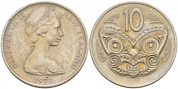 Новая Зеландия 10 центов 1971 Елизавета II (1952-2022), маска маори KM 41.1 медно-никель 212-1133