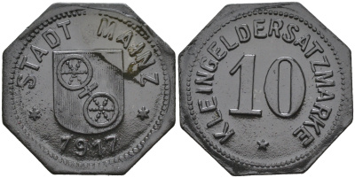ГЕРМАНИЯ ГЕССЕН МАЙНЦ 10 ПФЕННИГОВ 1917 КЛЯЙНГЕЛЬД цинк 75-1626
