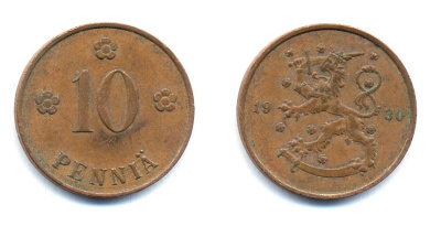 Финляндия 10 пенни 1930 республика (1918-1962) KM 24 медь 51-5324