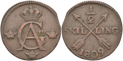 Швеция 1/2 скиллинга 1809 Густав VI (1792-1809) KM 565 (390) медь VF-XF 4545-1241