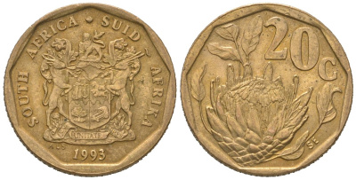 ЮАР 20 центов 1993 герб, цветок протея KM 136 сталь плакированная бронзой 4618-734