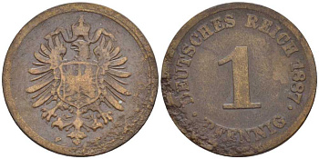 ГЕРМАНИЯ 1 ПФЕННИГ 1887 F, СТАРОГЕРБОВКА KM 1, J. 1, Weege 1 медь 206-1255