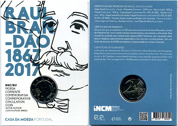 Португалия 2 евро 2017 150 лет со дня рождения Рауля Брандао, запайка, картонный буклет KM 873 биметалл BUNC 3-4-8-33