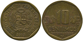 Перу 10 сентимо 2003 LIMA KM 305.4, Schon 104 латунь 4543-821