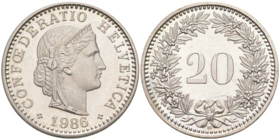 ШВЕЙЦАРИЯ 20 РАППЕНОВ 1986 В KM 29a медно-никель 55-1025