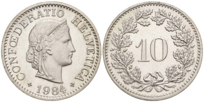 ШВЕЙЦАРИЯ 10 РАППЕНОВ 1984 KM 27 медно-никель 55-525