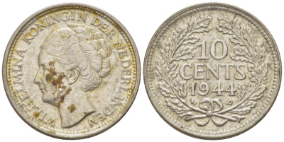 Нидерланды 10 центов 1944 Вильгельмина (1890-1948) KM 163 серебро aUNC 66-1236