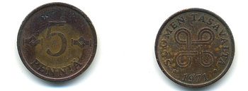 ФИНЛЯНДИЯ 5 ПЕННИ 1971 KM 45 медь 80-844