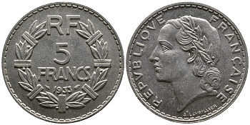 ФРАНЦИЯ 5 ФРАНКОВ 1933 KM 888 никель 57-613
