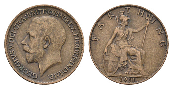 Великобритания 1 фартинг 1911 Георг V (1910-1936) KM 808.1, Spink 4059 бронза 4664-242