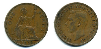 Великобритания 1 пенни 1938 Георг VI (1936-1952) KM 845, Spink 4114 бронза 37-613