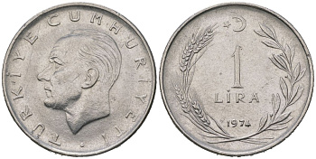 Турция 1 лира 1974 KM 889a.2 нержавеющая сталь aUNC 4620-511