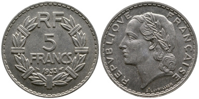 ФРАНЦИЯ 5 ФРАНКОВ 1933 KM 888 никель 57-613