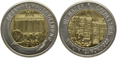 ГЕРМАНИЯ МЕДАЛЬ 2009 СЕРИЯ 20 ЛЕТ ВОССОЕДИНЕНИЯ, БЕРЛИН 12 НОЯБРЯ 1989, СНОС СТЕНЫ, С СЕРТИФИКАТОМ биметалл UNC 02-109-31