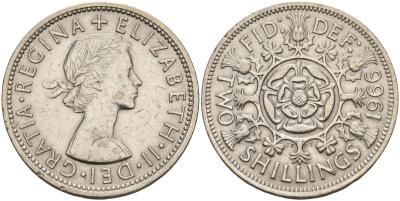 Великобритания 2 шиллинга (флорин) 1966 Елизавета II (1952-2022) KM 906, Spink 4146 медно-никель    4149-443
