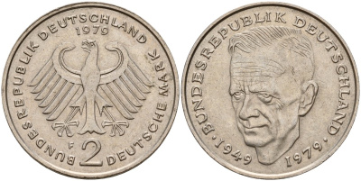 ФРГ 2 марки 1979 F, Курт Шумахер, 30 лет Федеративной Республике (1949-1979) KM 149, J. 424 медно-никель 4157-336