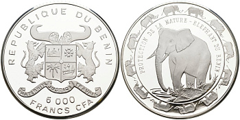 Бенин 6000 франков 1993 серия сохраним наш мир, слоны Бенина KM 11 серебро PROOF 01-077-31