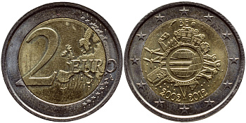 Бельгия 2 евро 2012 10 лет монетарной политике и наличному евро KM 315 биметалл UNC 63-1157