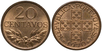 ПОРТУГАЛИЯ 20 СЕНТАВО 1970 KM 595 бронза UNC 218-1118