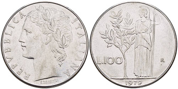 ИТАЛИЯ 100 ЛИР 1979 R, АФИНА У ОЛИВКОВОГО ДЕРЕВА KM 96.1 нержавеющая сталь 4545-716