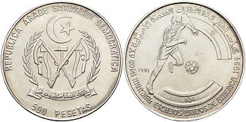 Западная Сахара 500 песет 1991 чемпионат мира по футболу 1994 года в США KM 55 серебро UNC 04-318-12