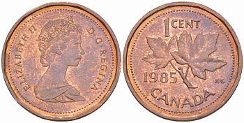Канада 1 цент 1985 Елизавета II (1952-2022), кленовый лист KM 132 бронза 105-537