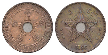 Бельгийское Конго 5 сантимов 1888 Свободное государство Конго, Леопольд II (1865-1909) KM 3 медь 1518-1223