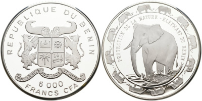 Бенин 6000 франков 1993 серия сохраним наш мир, слоны Бенина KM 11 серебро PROOF 00-00