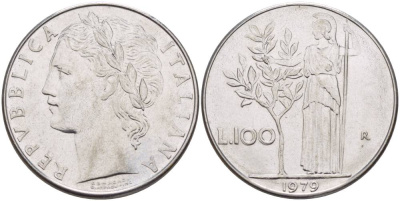 ИТАЛИЯ 100 ЛИР 1979 R, АФИНА У ОЛИВКОВОГО ДЕРЕВА KM 96.1 нержавеющая сталь 4545-716