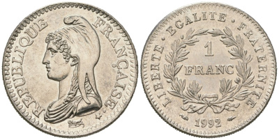 Франция 1 франк 1992 200 лет Французской республике KM 1004.1, Le Franc 229.2 никель UNC 4619-722