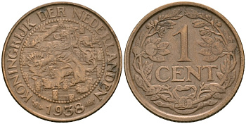 Нидерланды 1 цент 1938 Вильгельмина (1890-1948) KM 152 бронза 4576-1135