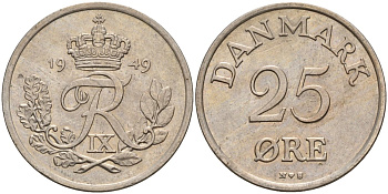 Дания 25 эре 1949 N; S, Фредерик IX (1947-1972) KM 842.1 медно-никель 4148-252